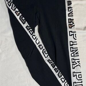 PINK YOGA- black leggings with shiny silver logo stripes